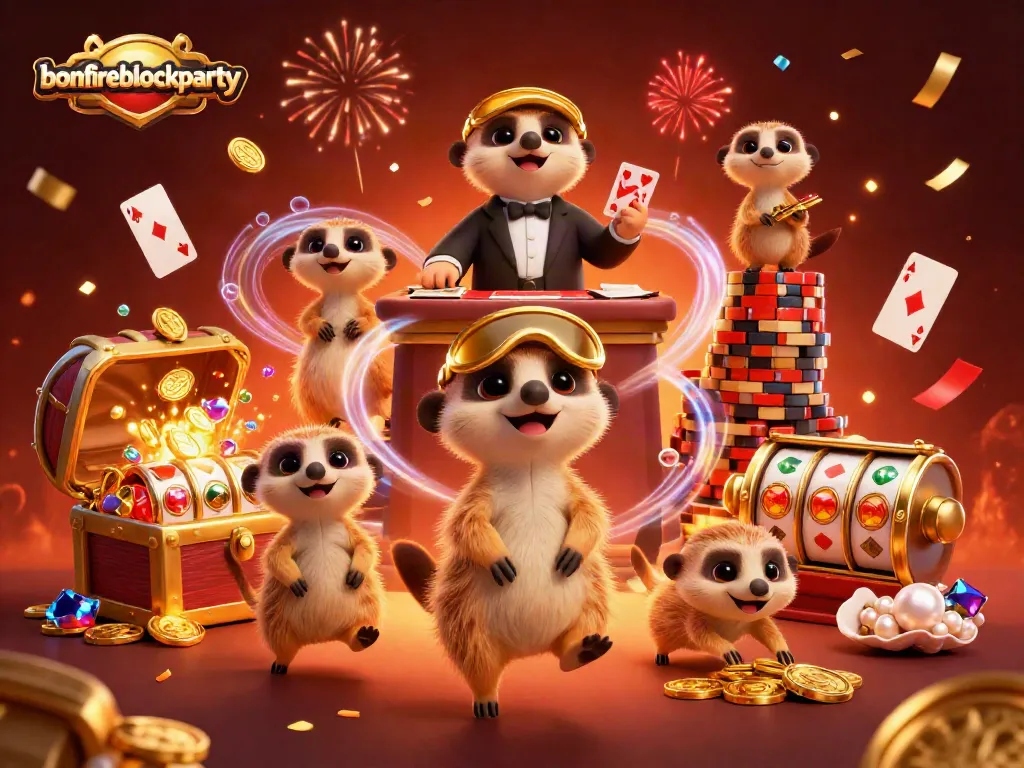 Experience the excitement of bonfireblockparty with playful meerkats operating a vibrant casino.