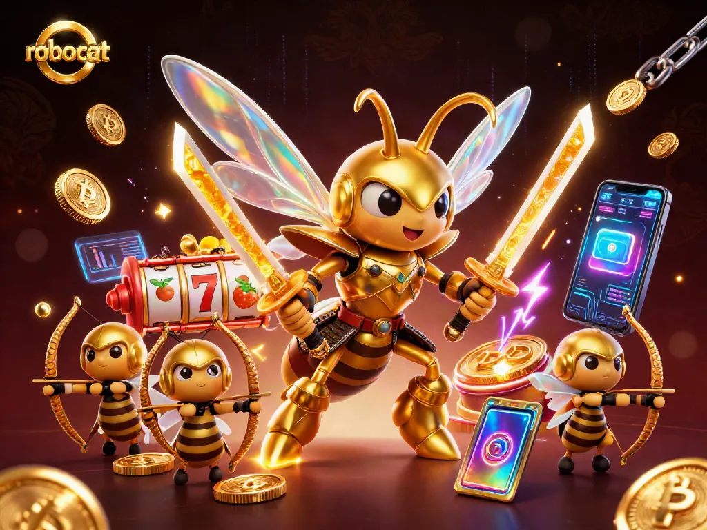 Engage with robocat-themed casino excitement, showcasing vibrant slot reels and blockchain elements.