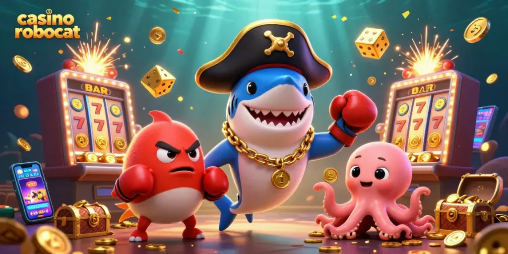 Engage with casino robocat in a vibrant underwater setting featuring animated characters and exciting gambling elements.